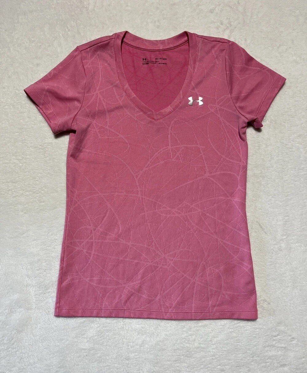 Under Armour Shirt Womens XS Pink Loose Heat Gear Short Sleeve V Neck